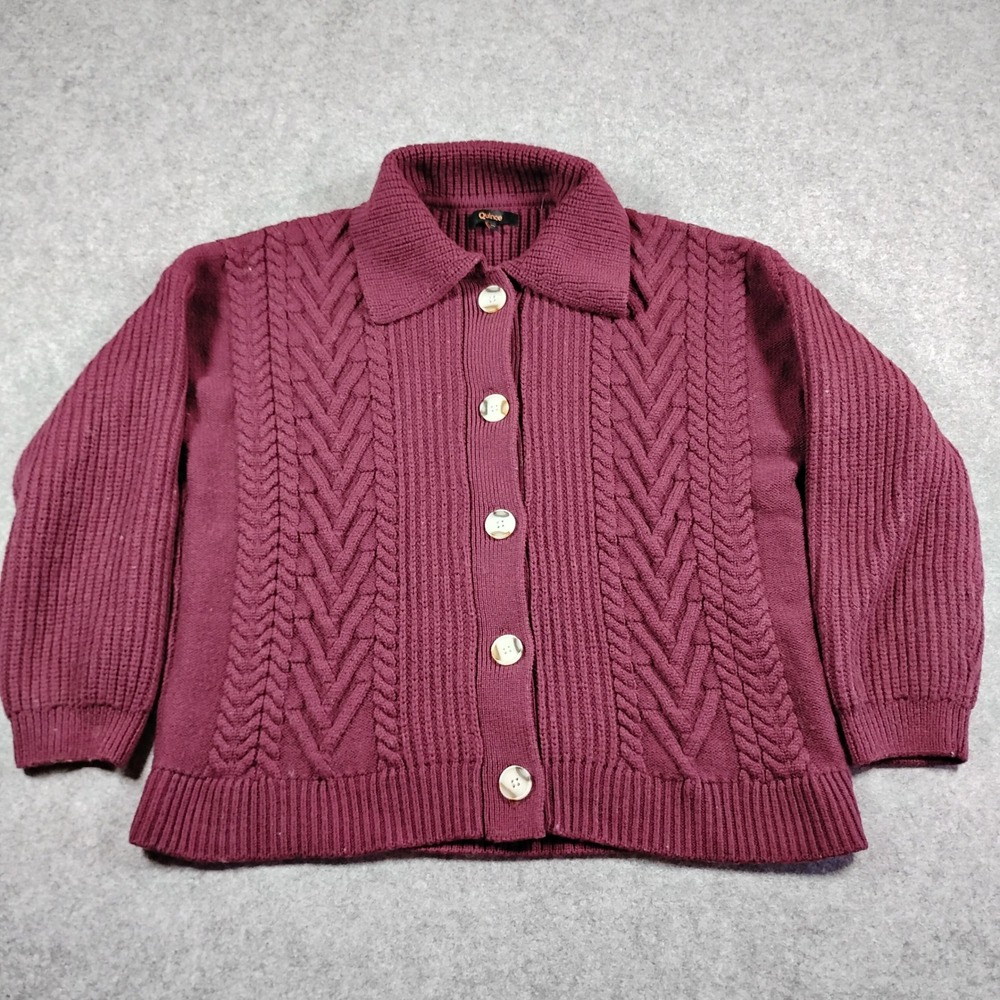 Quince Australian Merino Wool‎ Collared Cable Cardigan Barolo Burgundy XS